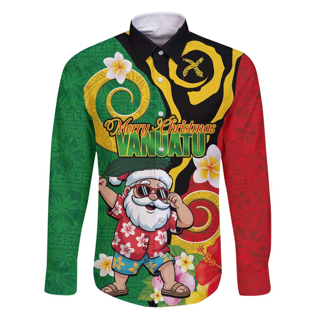 Vanuatu Christmas Family Matching Off Shoulder Maxi Dress and Hawaiian Shirt Funny Santa with Namele and Boar Tusk Tribal LT03 Dad's Shirt - Long Sleeve Green - Polynesian Pride
