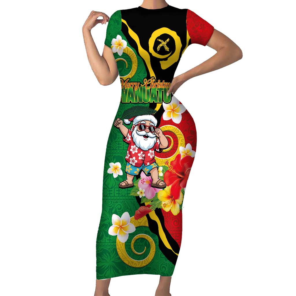Vanuatu Christmas Family Matching Short Sleeve Bodycon Dress and Hawaiian Shirt Funny Santa with Namele and Boar Tusk Tribal LT03 Mom's Dress Green - Polynesian Pride