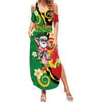 Vanuatu Christmas Family Matching Summer Maxi Dress and Hawaiian Shirt Funny Santa with Namele and Boar Tusk Tribal LT03 Mom's Dress Green - Polynesian Pride