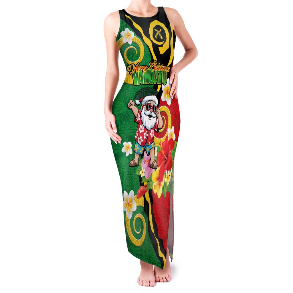 Vanuatu Christmas Family Matching Tank Maxi Dress and Hawaiian Shirt Funny Santa with Namele and Boar Tusk Tribal LT03 Mom's Dress Green - Polynesian Pride
