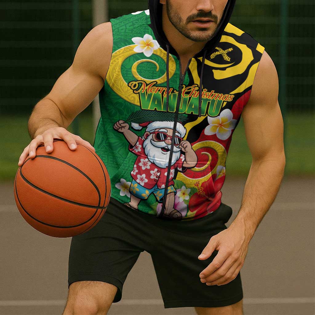 Vanuatu Christmas Sleeveless Zip Hoodie Funny Santa with Namele and Boar Tusk Tribal - Polynesian Pride
