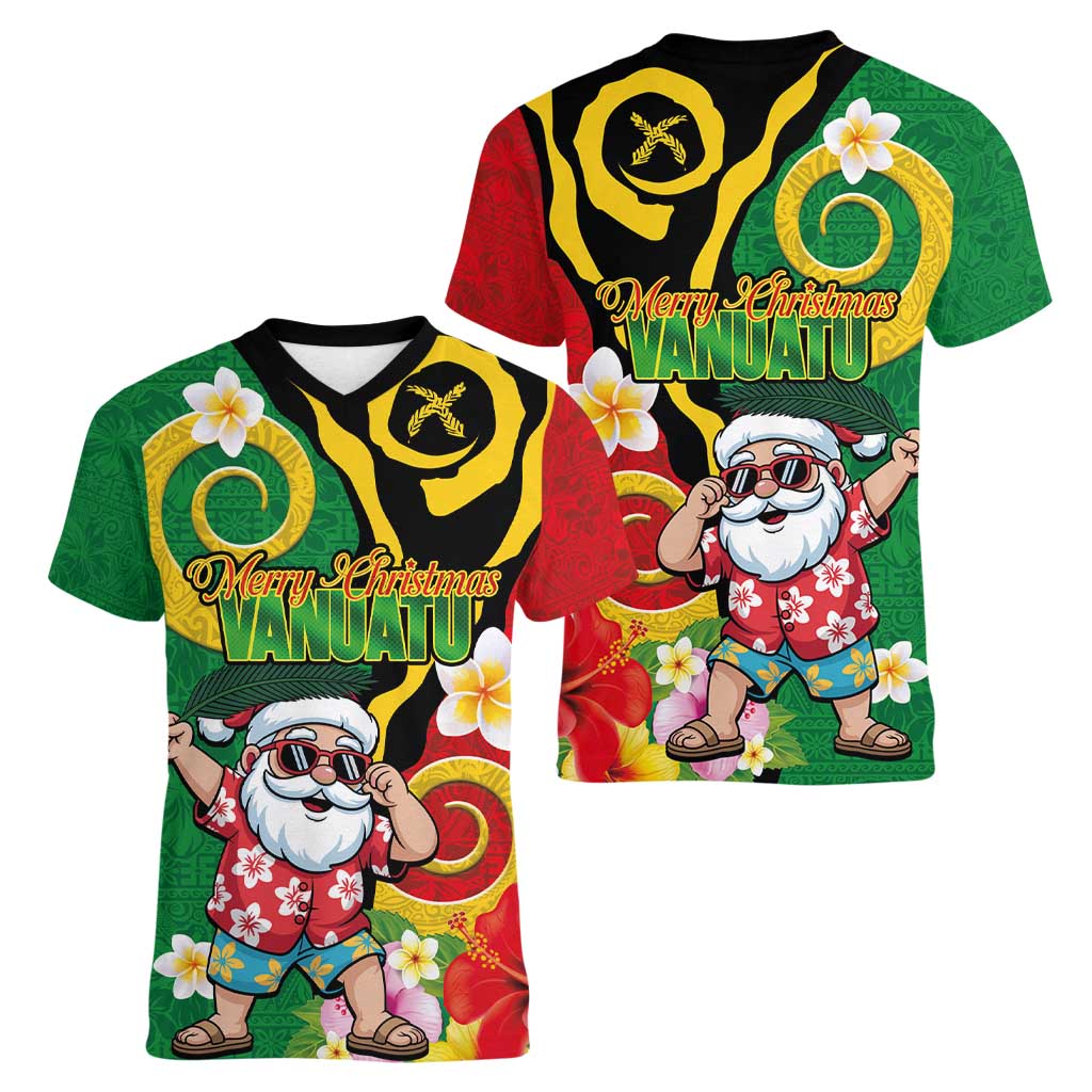 Vanuatu Christmas Women V-Neck T-Shirt Funny Santa with Namele and Boar Tusk Tribal LT03 - Polynesian Pride