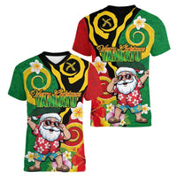 Vanuatu Christmas Women V-Neck T-Shirt Funny Santa with Namele and Boar Tusk Tribal LT03 - Polynesian Pride