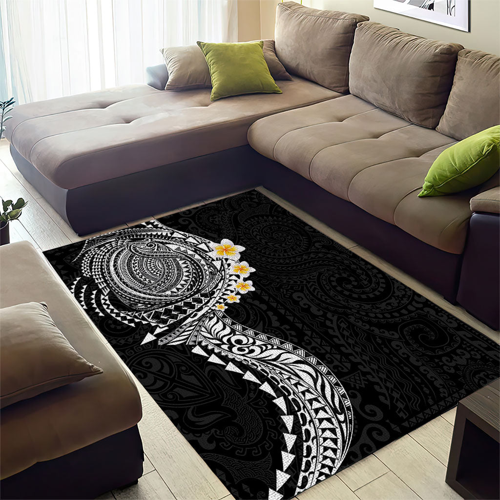 Hawaiian Tribal Tattoo and Plumeria Area Rug Polynesian Pattern Black Color