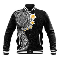 Hawaiian Tribal Tattoo and Plumeria Baseball Jacket Polynesian Pattern Black Color