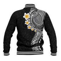 Hawaiian Tribal Tattoo and Plumeria Baseball Jacket Polynesian Pattern Black Color