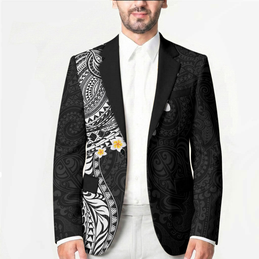 Hawaiian Tribal Tattoo and Plumeria Blazer Polynesian Pattern Black Color