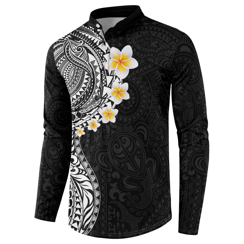 Hawaiian Tribal Tattoo and Plumeria Button Sweatshirt Polynesian Pattern Black Color