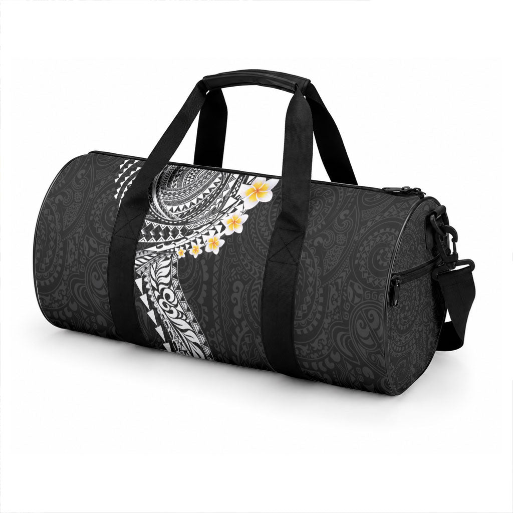 Hawaiian Tribal Tattoo and Plumeria Duffle Bag Polynesian Pattern Black Color