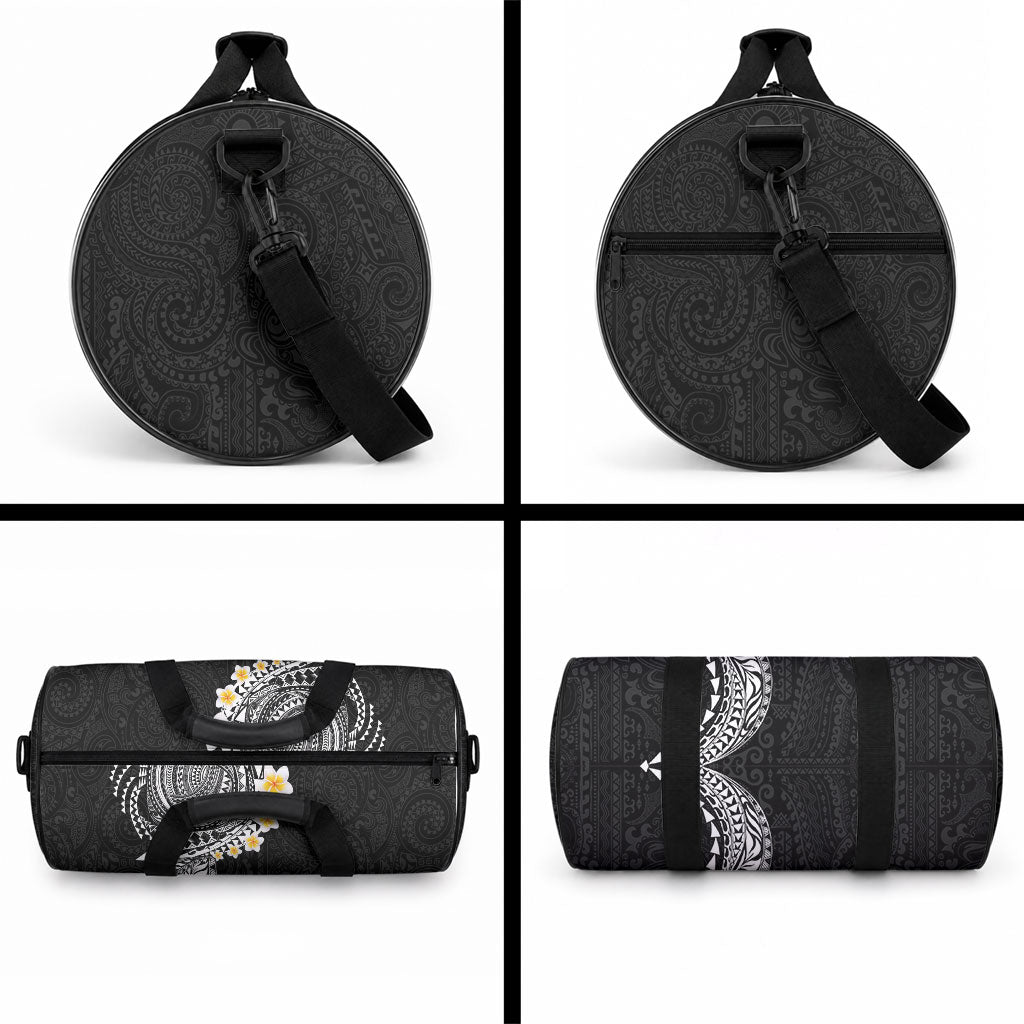 Hawaiian Tribal Tattoo and Plumeria Duffle Bag Polynesian Pattern Black Color