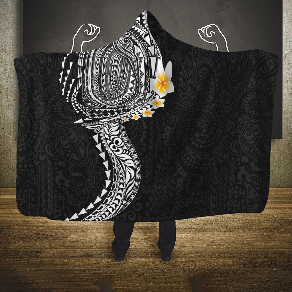 Hawaiian Tribal Tattoo and Plumeria Hooded Blanket Polynesian Pattern Black Color LT03 - Polynesian Pride