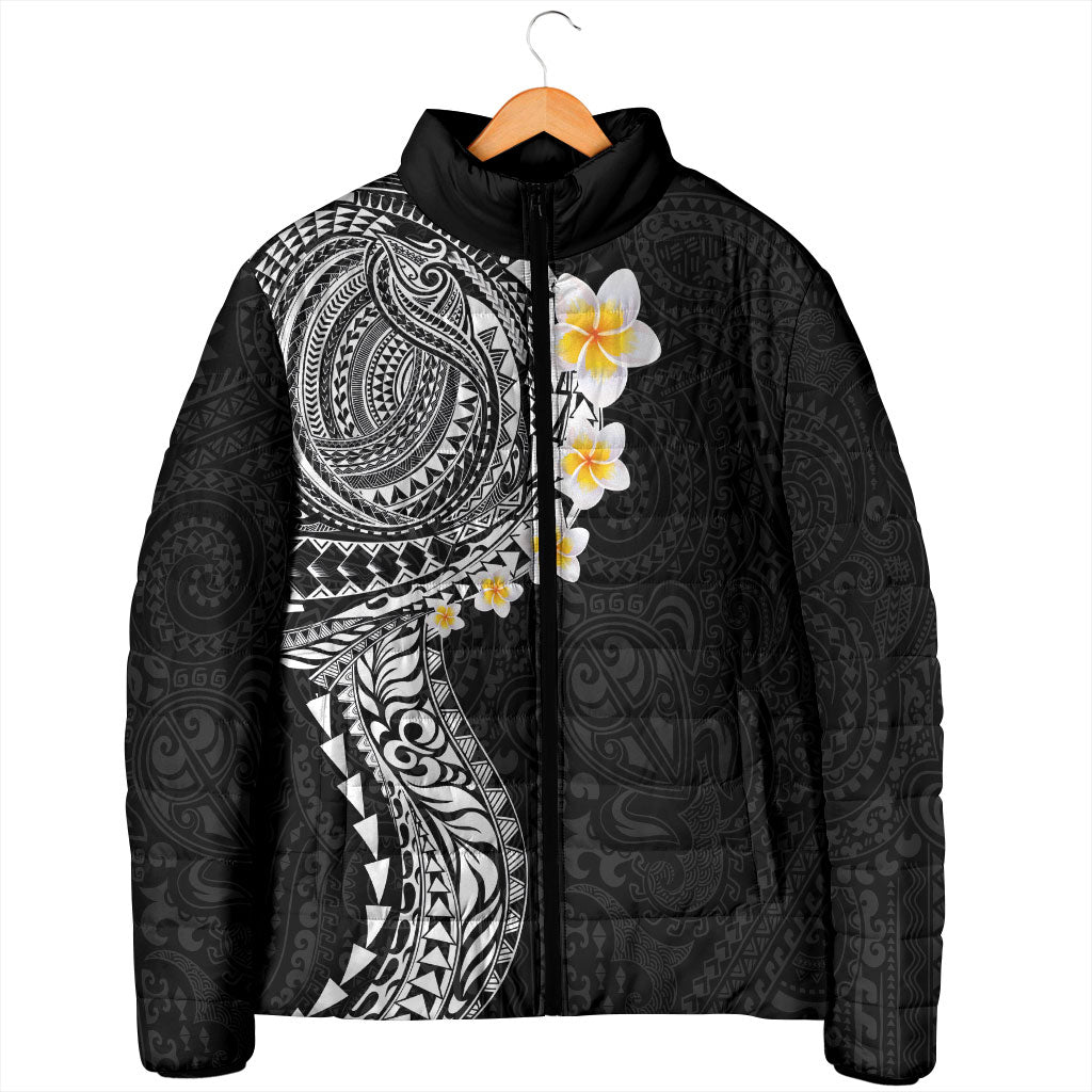 Hawaiian Tribal Tattoo and Plumeria Padded Jacket Polynesian Pattern Black Color