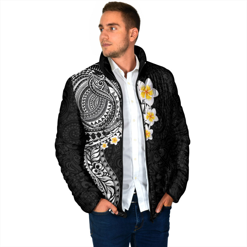 Hawaiian Tribal Tattoo and Plumeria Padded Jacket Polynesian Pattern Black Color