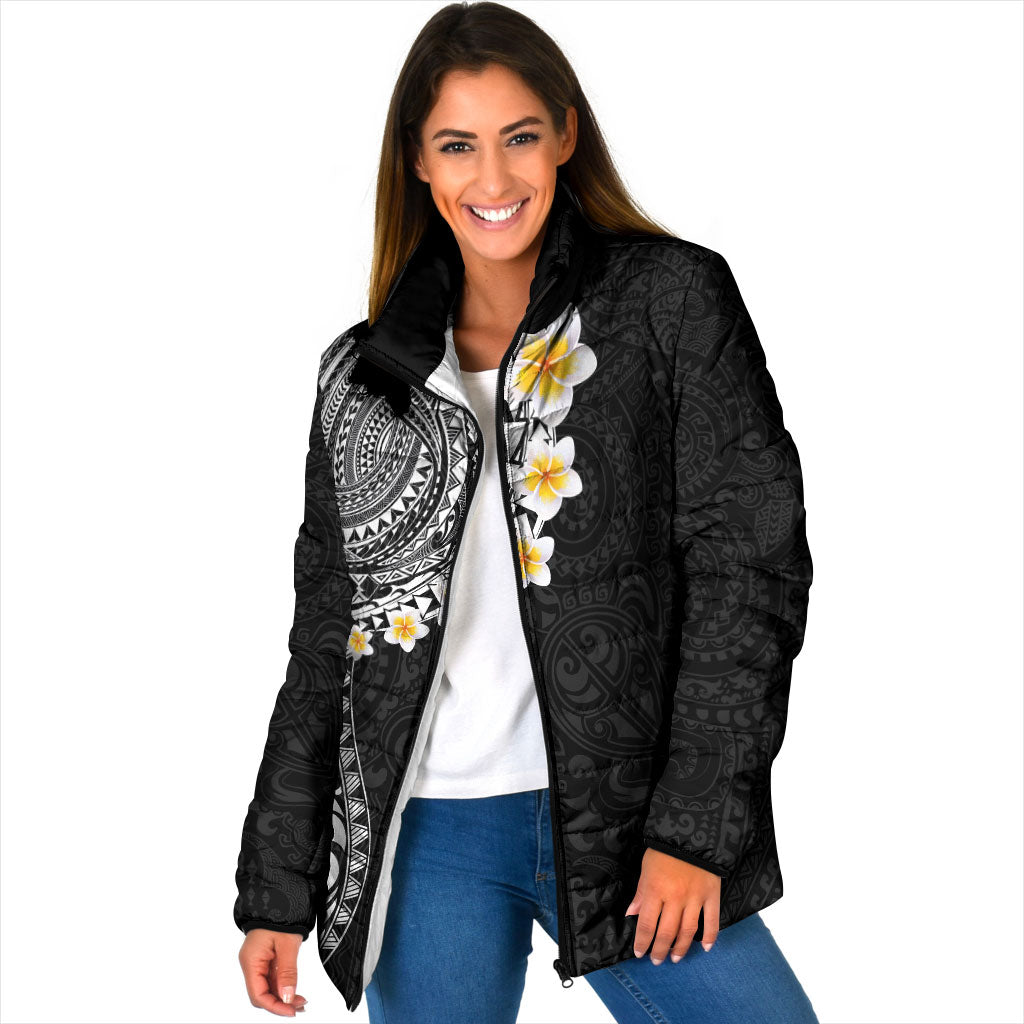 Hawaiian Tribal Tattoo and Plumeria Padded Jacket Polynesian Pattern Black Color