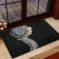 Hawaiian Tribal Tattoo and Plumeria Rubber Doormat Polynesian Pattern Black Color
