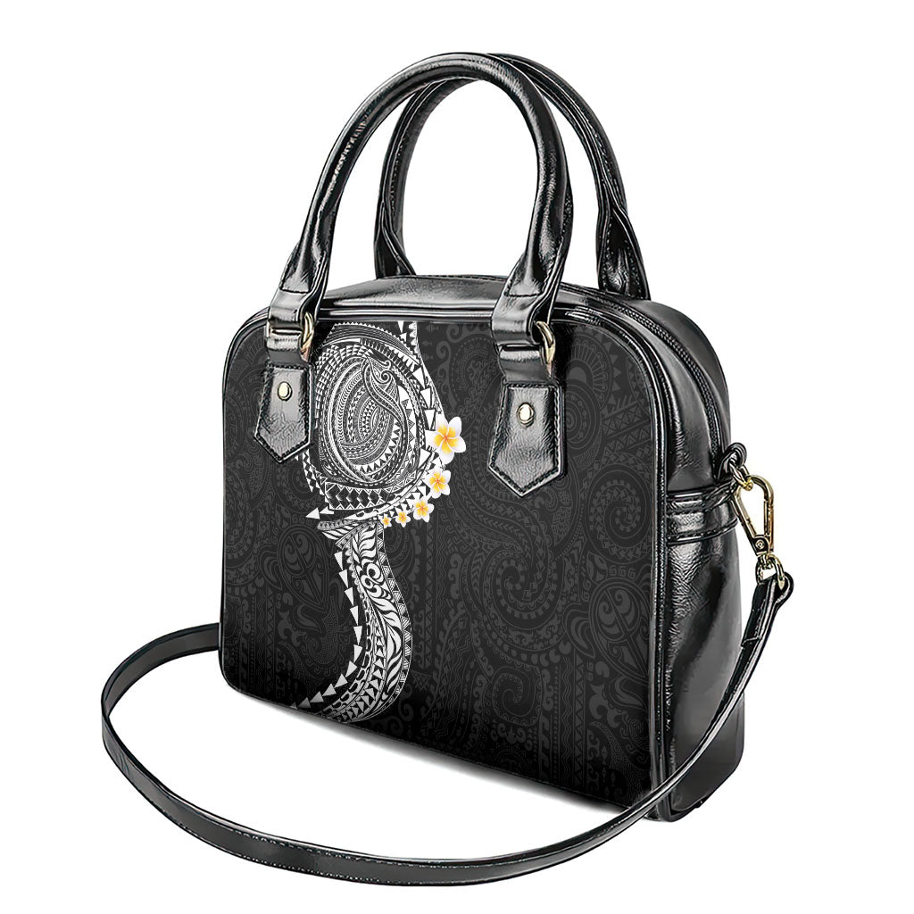 Hawaiian Tribal Tattoo and Plumeria Shoulder Handbag Polynesian Pattern Black Color