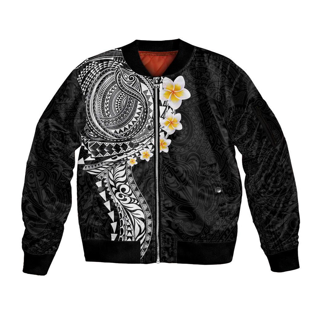 Hawaiian Tribal Tattoo and Plumeria Sleeve Zip Bomber Jacket Polynesian Pattern Black Color LT03 Unisex Black - Polynesian Pride