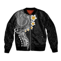 Hawaiian Tribal Tattoo and Plumeria Sleeve Zip Bomber Jacket Polynesian Pattern Black Color LT03 Unisex Black - Polynesian Pride