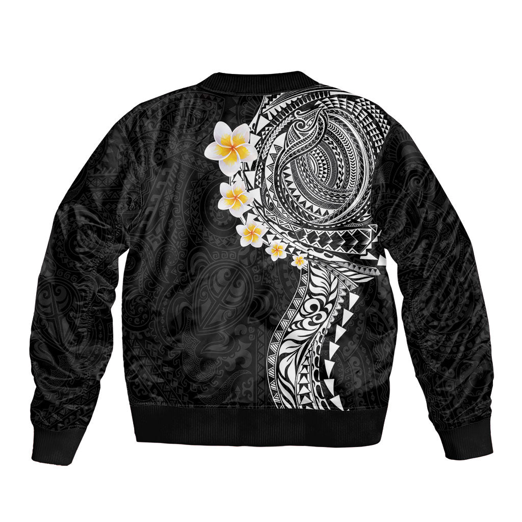 Hawaiian Tribal Tattoo and Plumeria Sleeve Zip Bomber Jacket Polynesian Pattern Black Color LT03 - Polynesian Pride