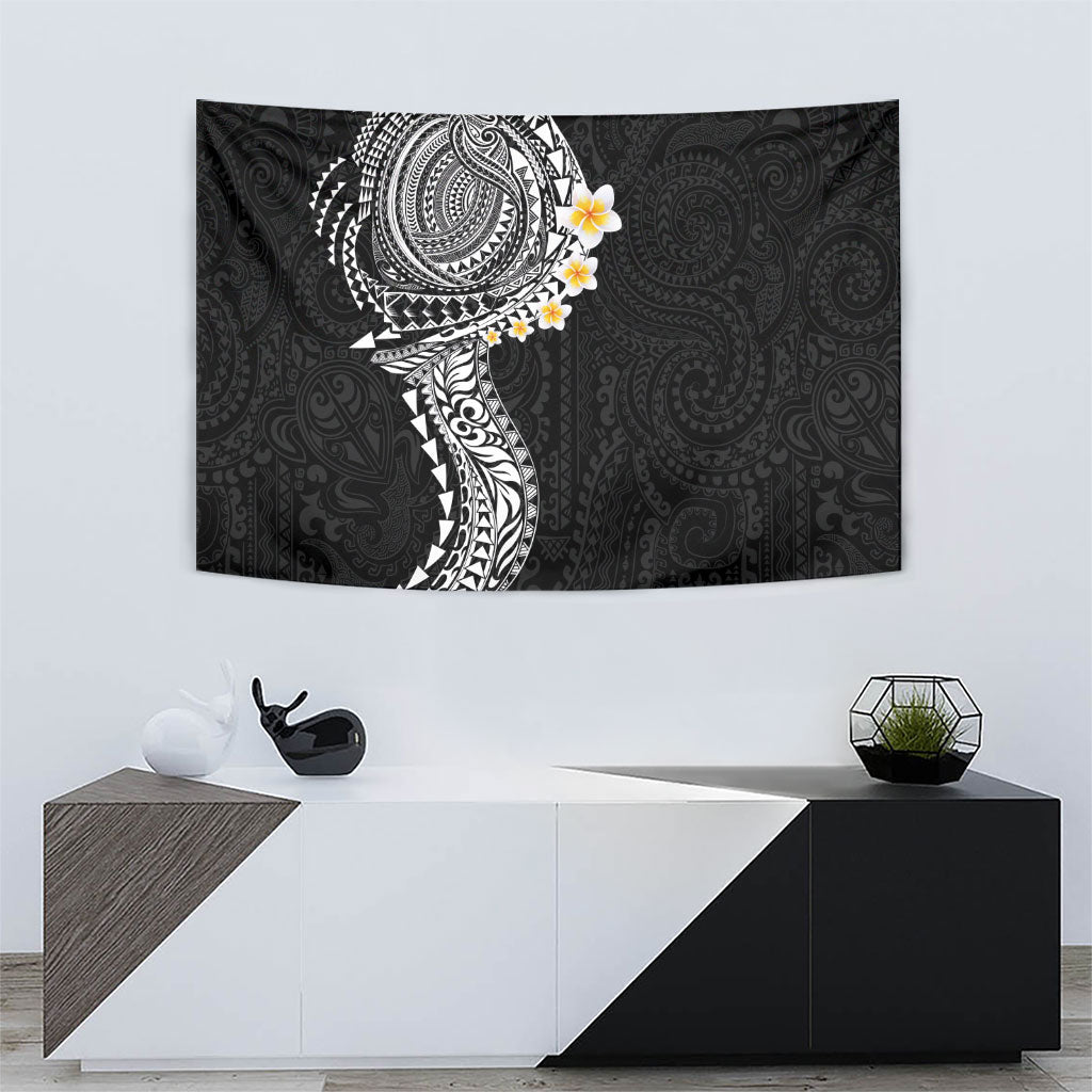 Hawaiian Tribal Tattoo and Plumeria Tapestry Polynesian Pattern Black Color