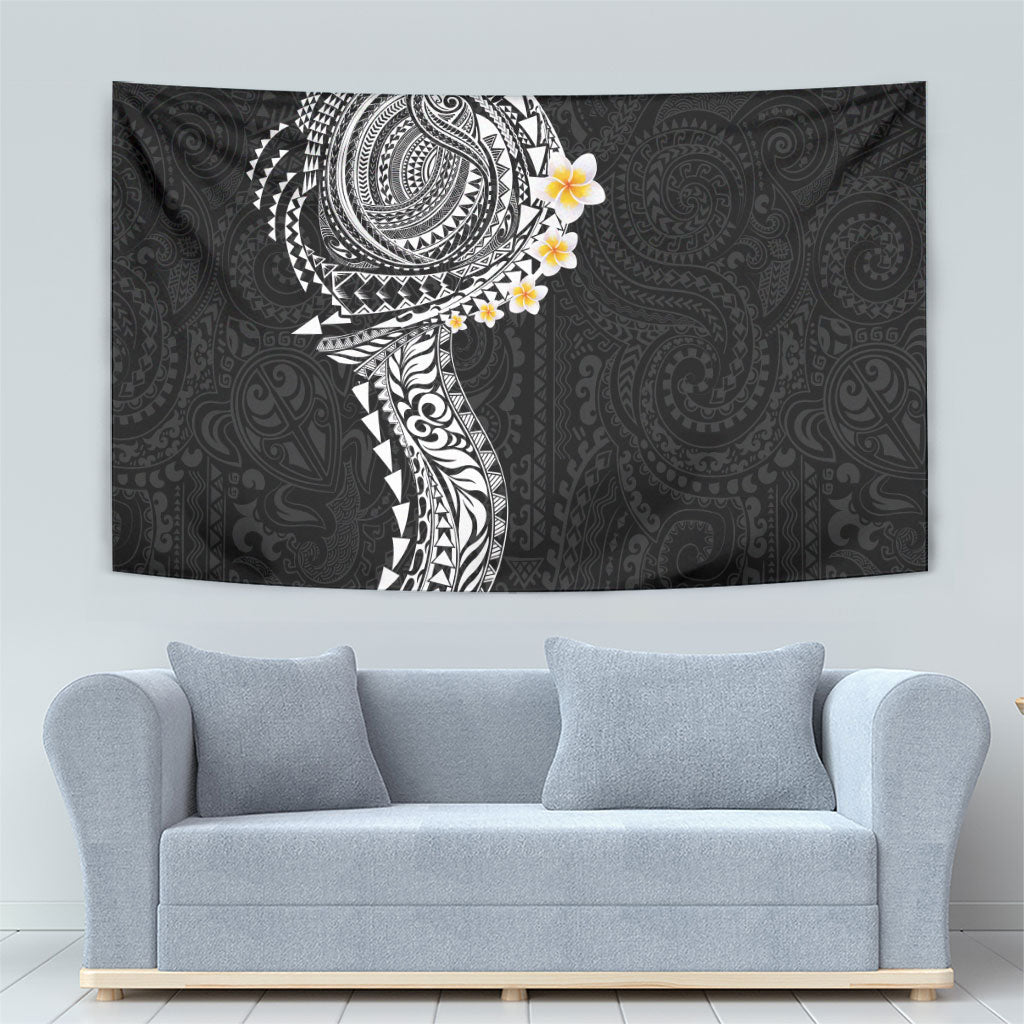 Hawaiian Tribal Tattoo and Plumeria Tapestry Polynesian Pattern Black Color