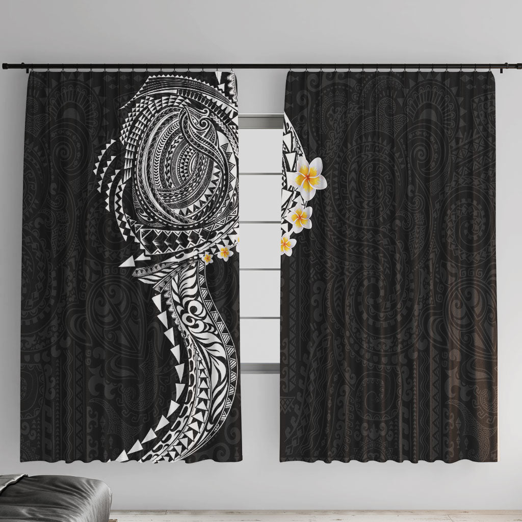 Hawaiian Tribal Tattoo and Plumeria Window Curtain Polynesian Pattern Black Color