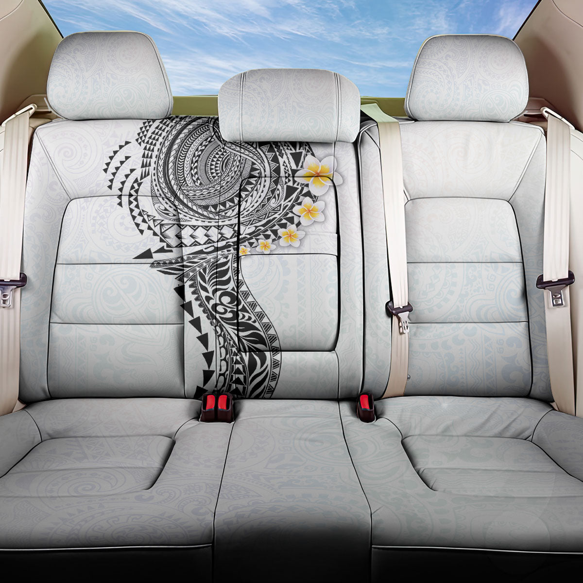 Hawaiian Tribal Tattoo and Plumeria Back Car Seat Cover Polynesian Pattern White Color