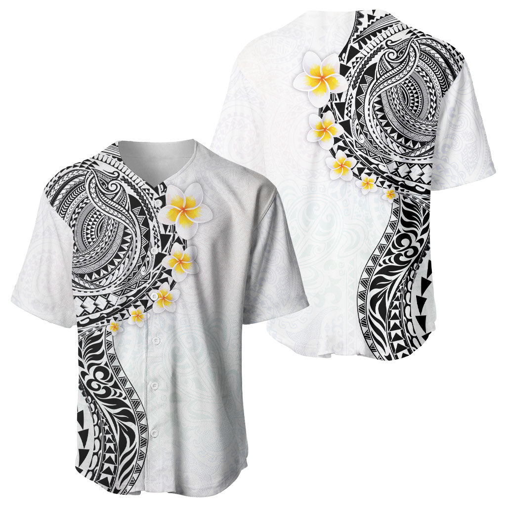Hawaiian Tribal Tattoo and Plumeria Baseball Jersey Polynesian Pattern White Color