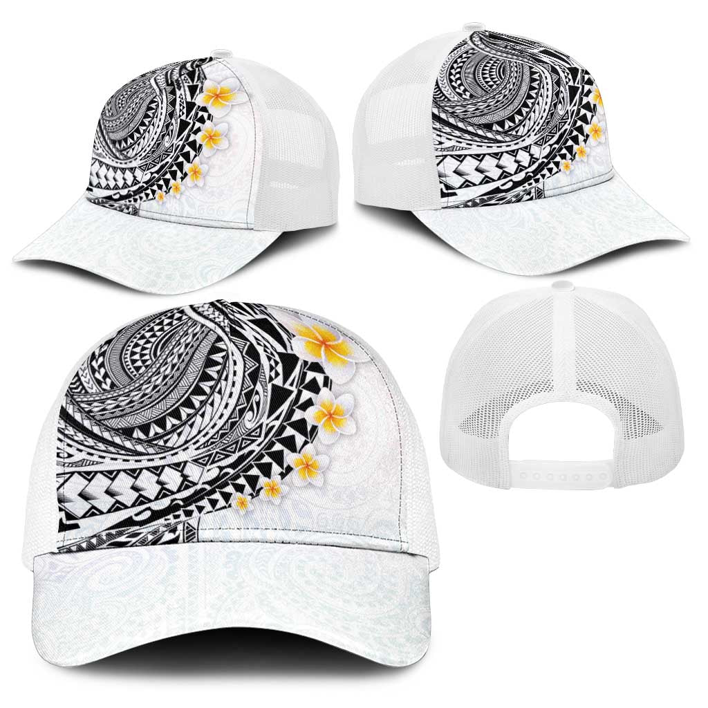 Hawaiian Tribal Tattoo and Plumeria Baseball Net Cap Polynesian Pattern White Color