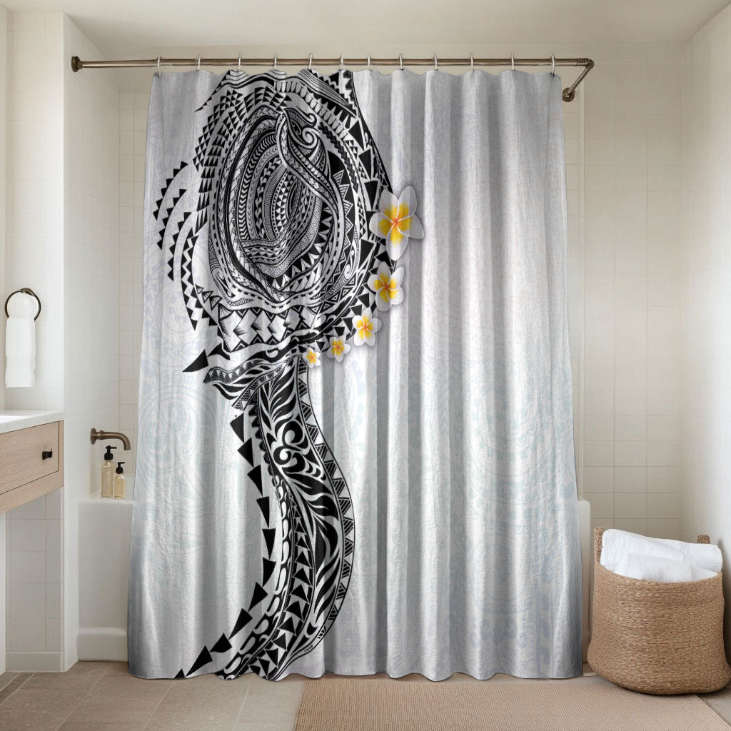 Hawaiian Tribal Tattoo and Plumeria Bathroom Set Polynesian Pattern White Color