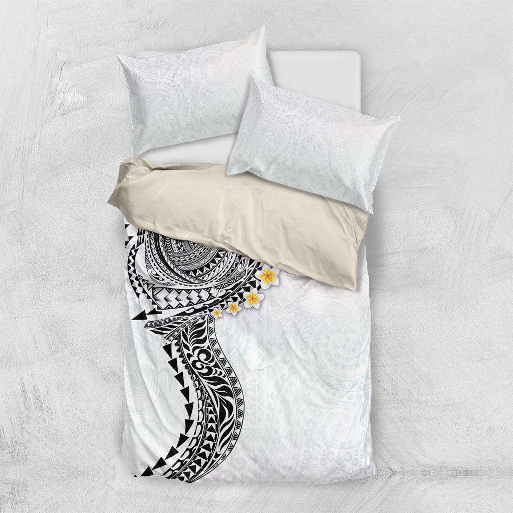 Hawaiian Tribal Tattoo and Plumeria Bedding Set Polynesian Pattern White Color
