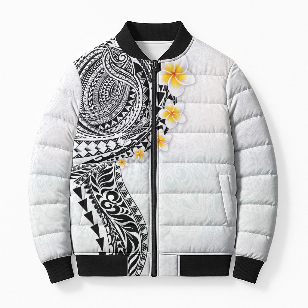 Hawaiian Tribal Tattoo and Plumeria Bomber Puffer Jacket Polynesian Pattern White Color LT03 Unisex White - Polynesian Pride