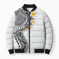 Hawaiian Tribal Tattoo and Plumeria Bomber Puffer Jacket Polynesian Pattern White Color