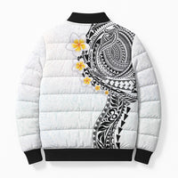 Hawaiian Tribal Tattoo and Plumeria Bomber Puffer Jacket Polynesian Pattern White Color
