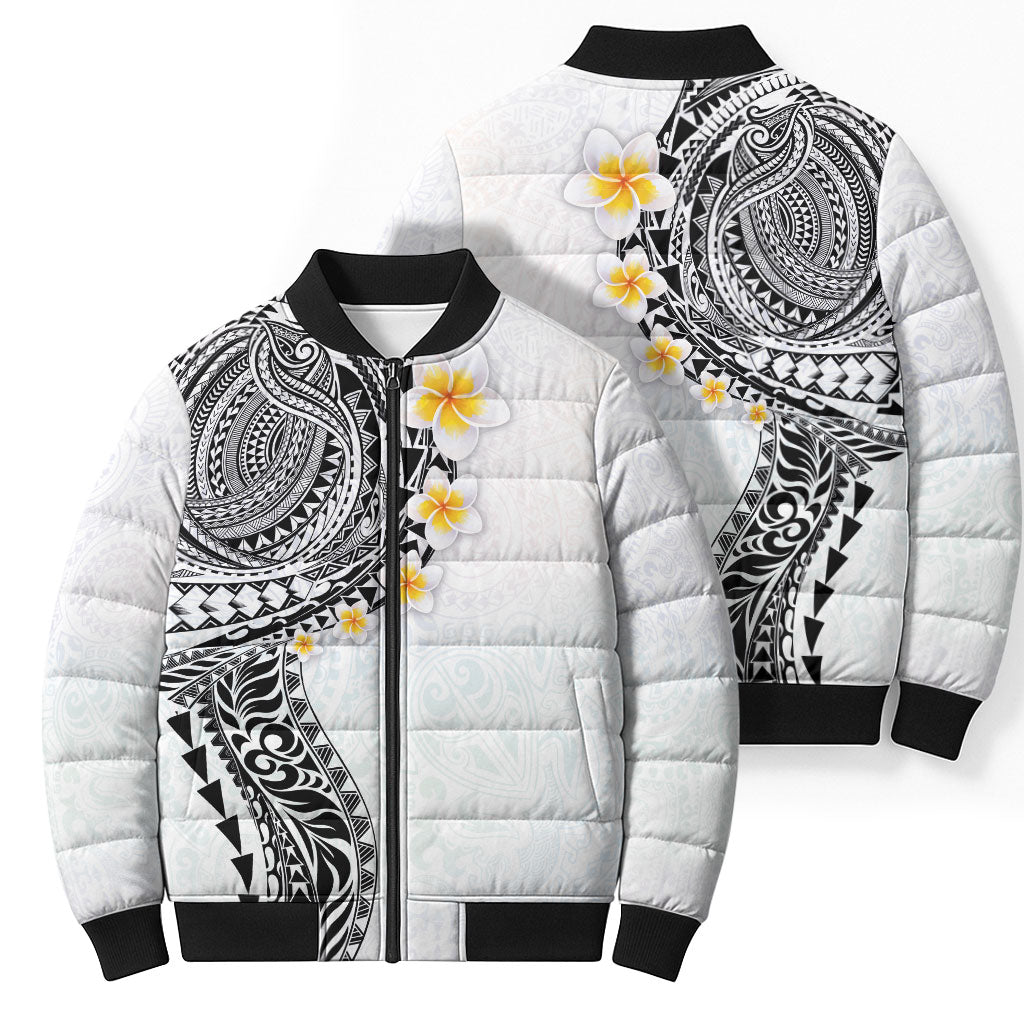 Hawaiian Tribal Tattoo and Plumeria Bomber Puffer Jacket Polynesian Pattern White Color