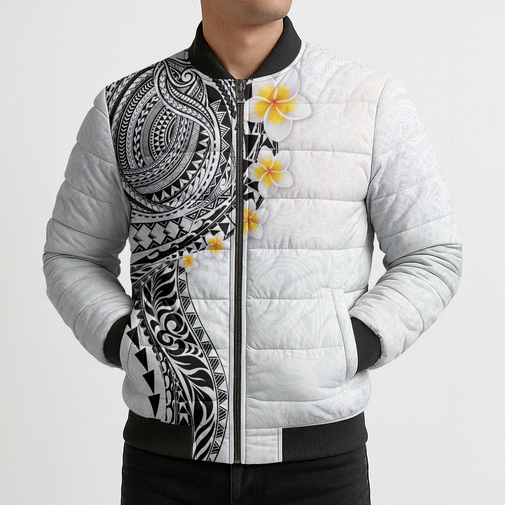 Hawaiian Tribal Tattoo and Plumeria Bomber Puffer Jacket Polynesian Pattern White Color