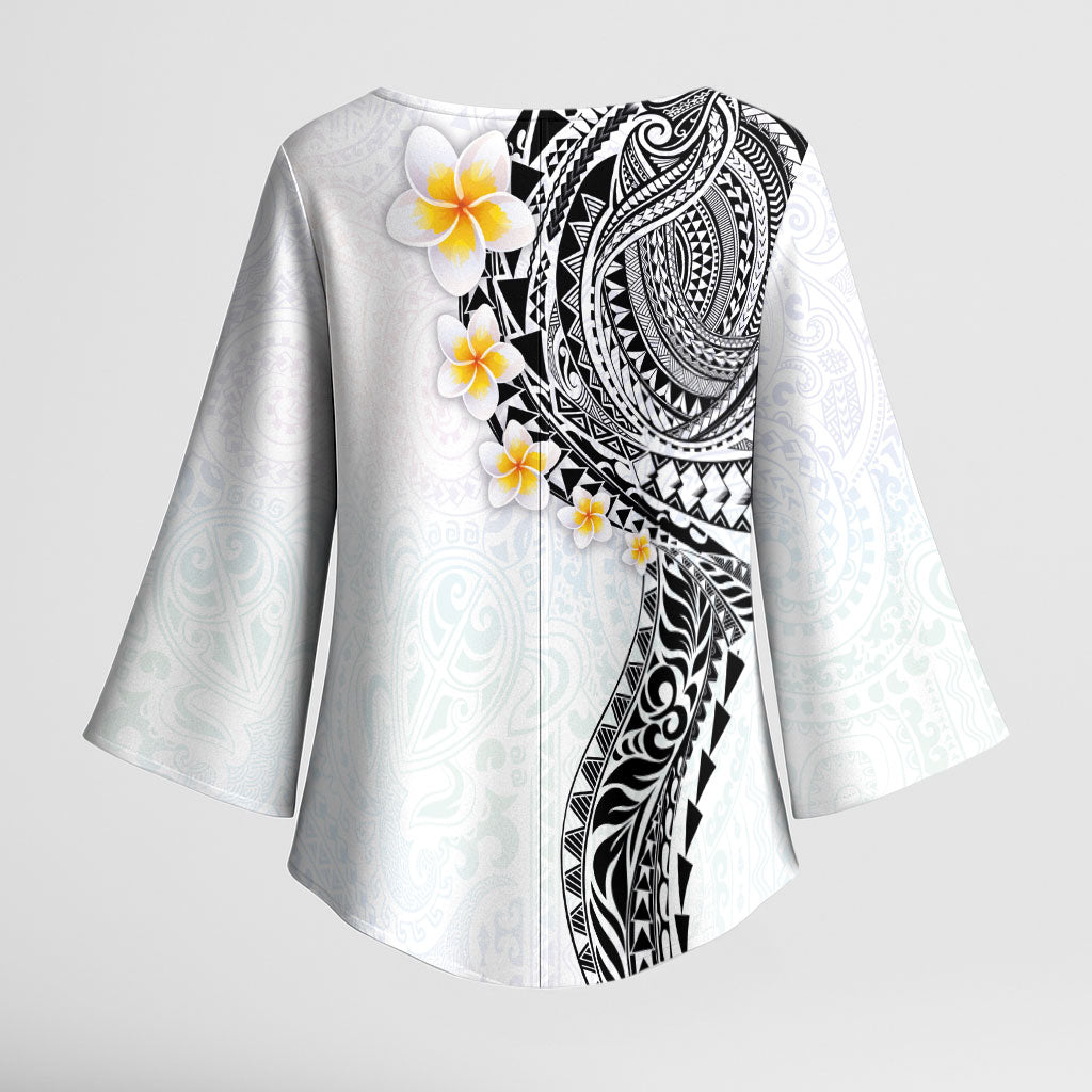 Hawaiian Tribal Tattoo and Plumeria Kimono Sleeve Blouse Polynesian Pattern White Color LT03 - Polynesian Pride