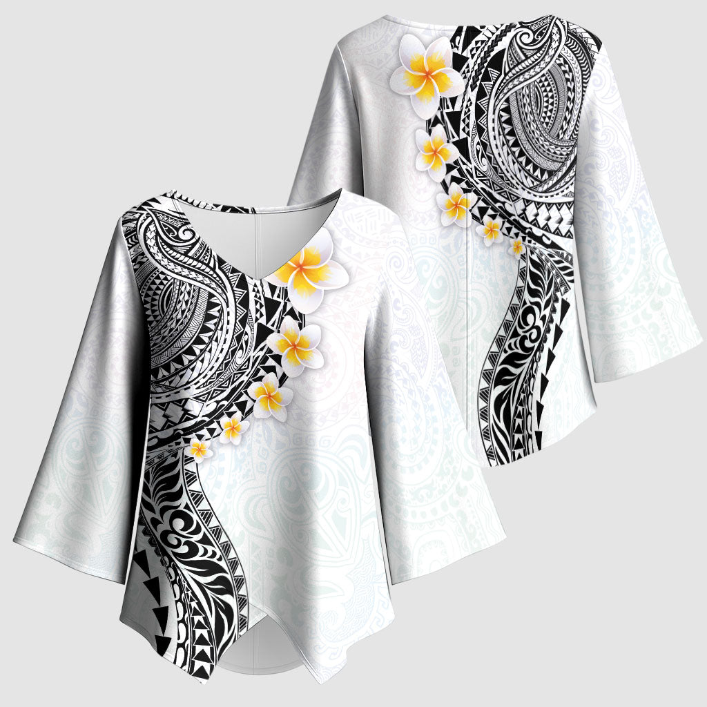 Hawaiian Tribal Tattoo and Plumeria Kimono Sleeve Blouse Polynesian Pattern White Color LT03 - Polynesian Pride
