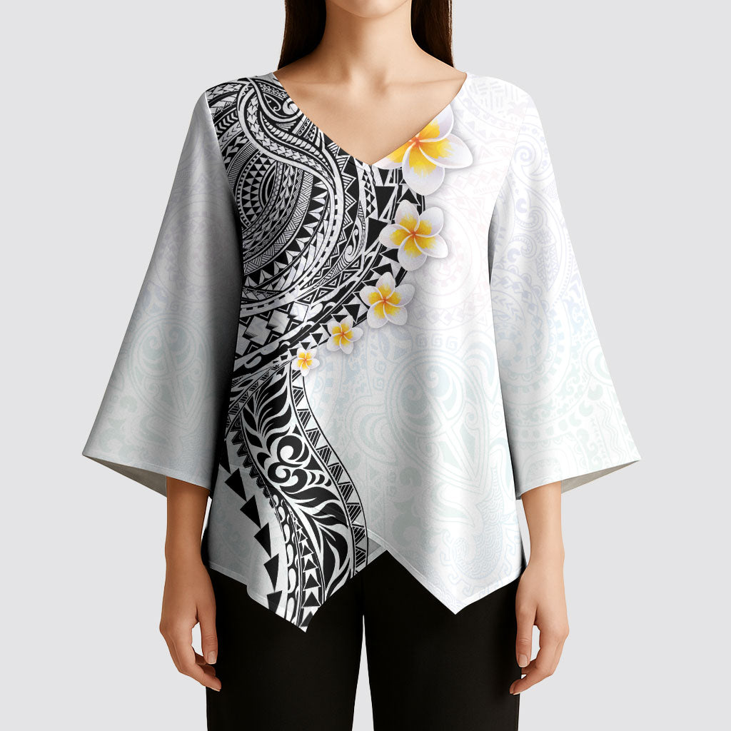 Hawaiian Tribal Tattoo and Plumeria Kimono Sleeve Blouse Polynesian Pattern White Color LT03 - Polynesian Pride