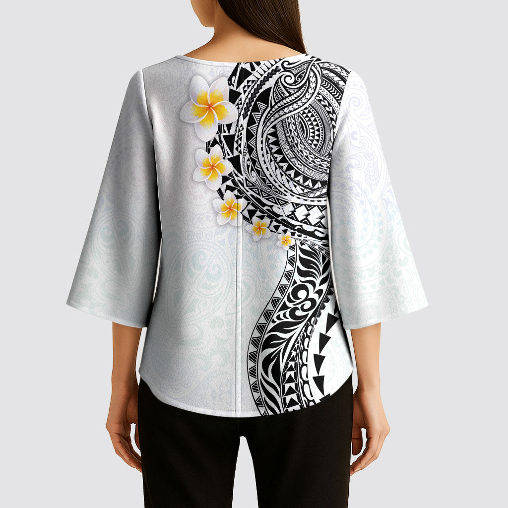 Hawaiian Tribal Tattoo and Plumeria Kimono Sleeve Blouse Polynesian Pattern White Color LT03 - Polynesian Pride