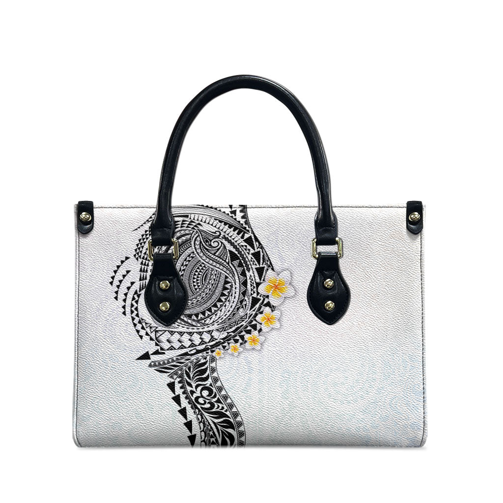 Hawaiian Tribal Tattoo and Plumeria Leather Bag Polynesian Pattern White Color