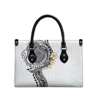 Hawaiian Tribal Tattoo and Plumeria Leather Bag Polynesian Pattern White Color