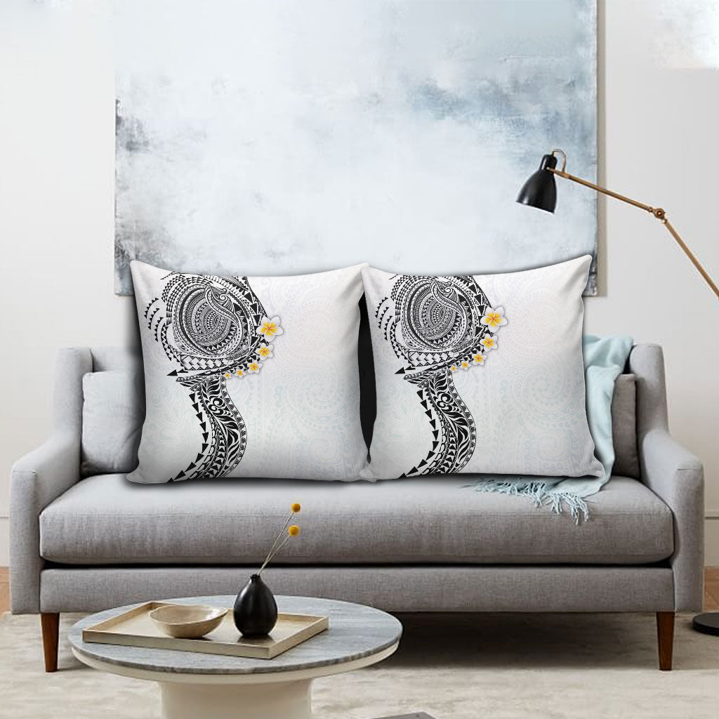 Hawaiian Tribal Tattoo and Plumeria Pillow Cover Polynesian Pattern White Color