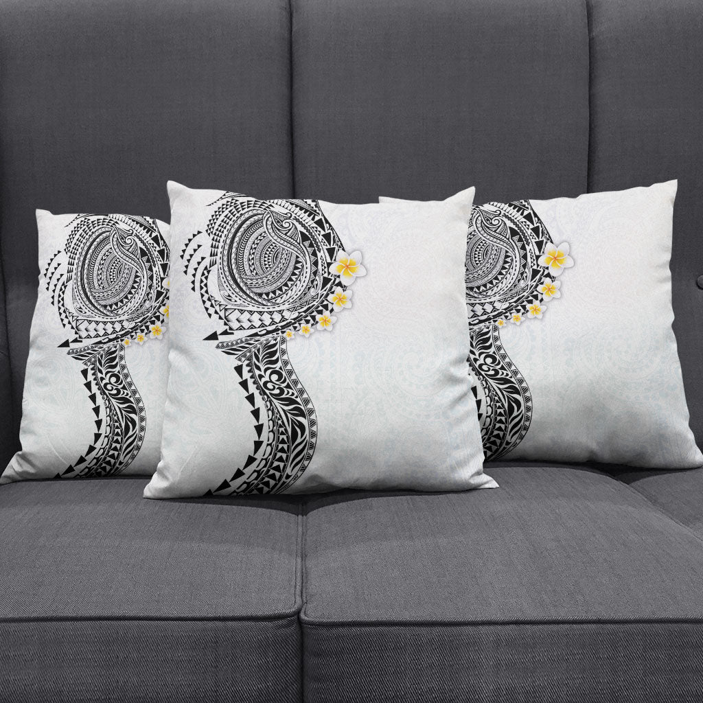 Hawaiian Tribal Tattoo and Plumeria Pillow Cover Polynesian Pattern White Color