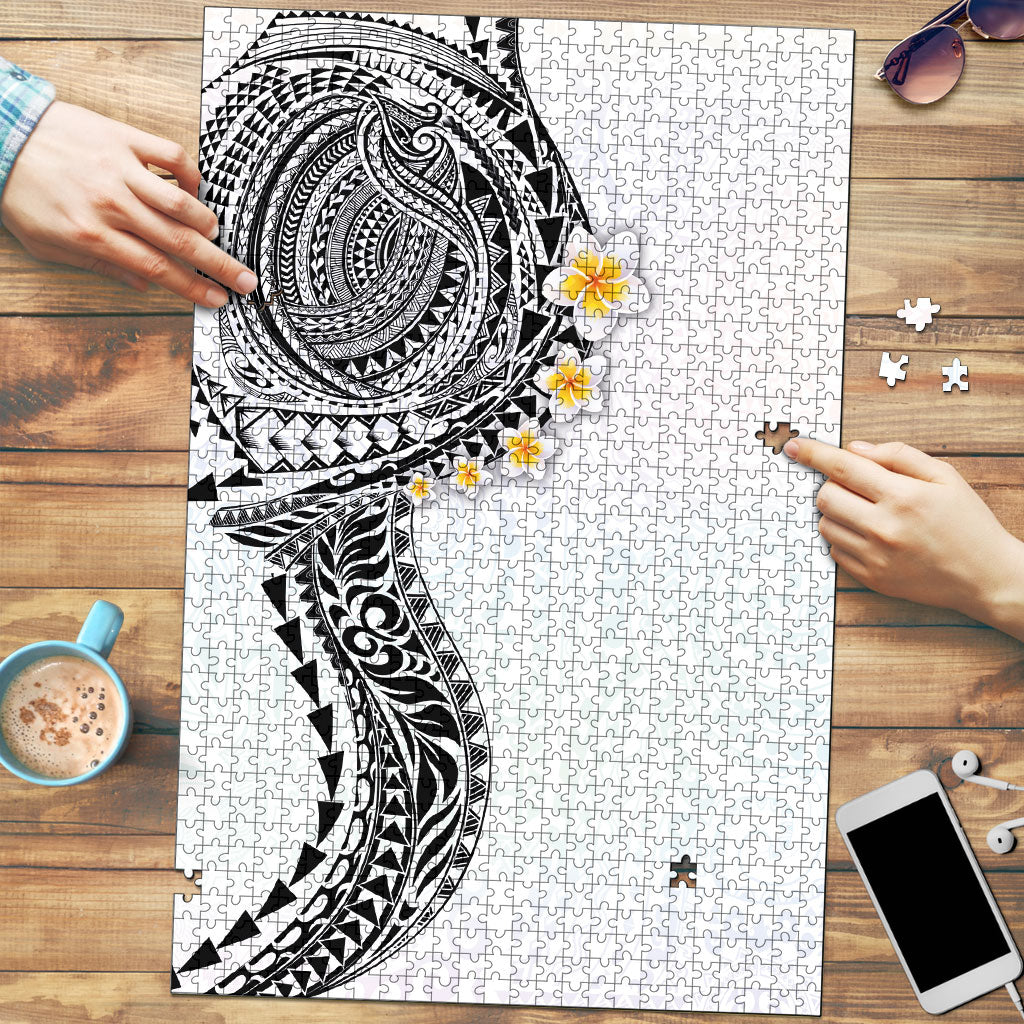 Hawaiian Tribal Tattoo and Plumeria Puzzle Polynesian Pattern White Color LT03 White - Polynesian Pride
