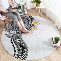 Hawaiian Tribal Tattoo and Plumeria Round Carpet Polynesian Pattern White Color