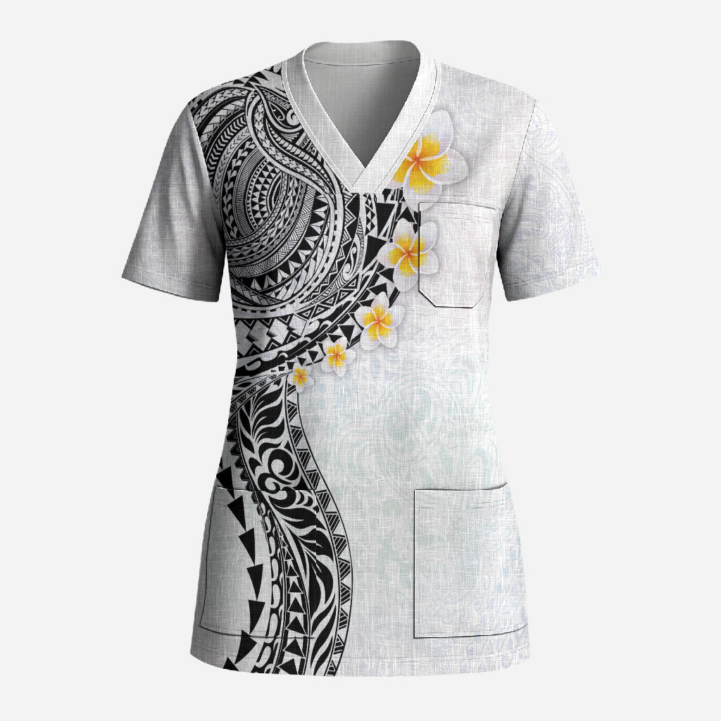 Hawaiian Tribal Tattoo and Plumeria Scrub Top Polynesian Pattern White Color