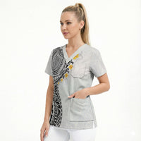 Hawaiian Tribal Tattoo and Plumeria Scrub Top Polynesian Pattern White Color