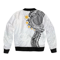 Hawaiian Tribal Tattoo and Plumeria Sleeve Zip Bomber Jacket Polynesian Pattern White Color