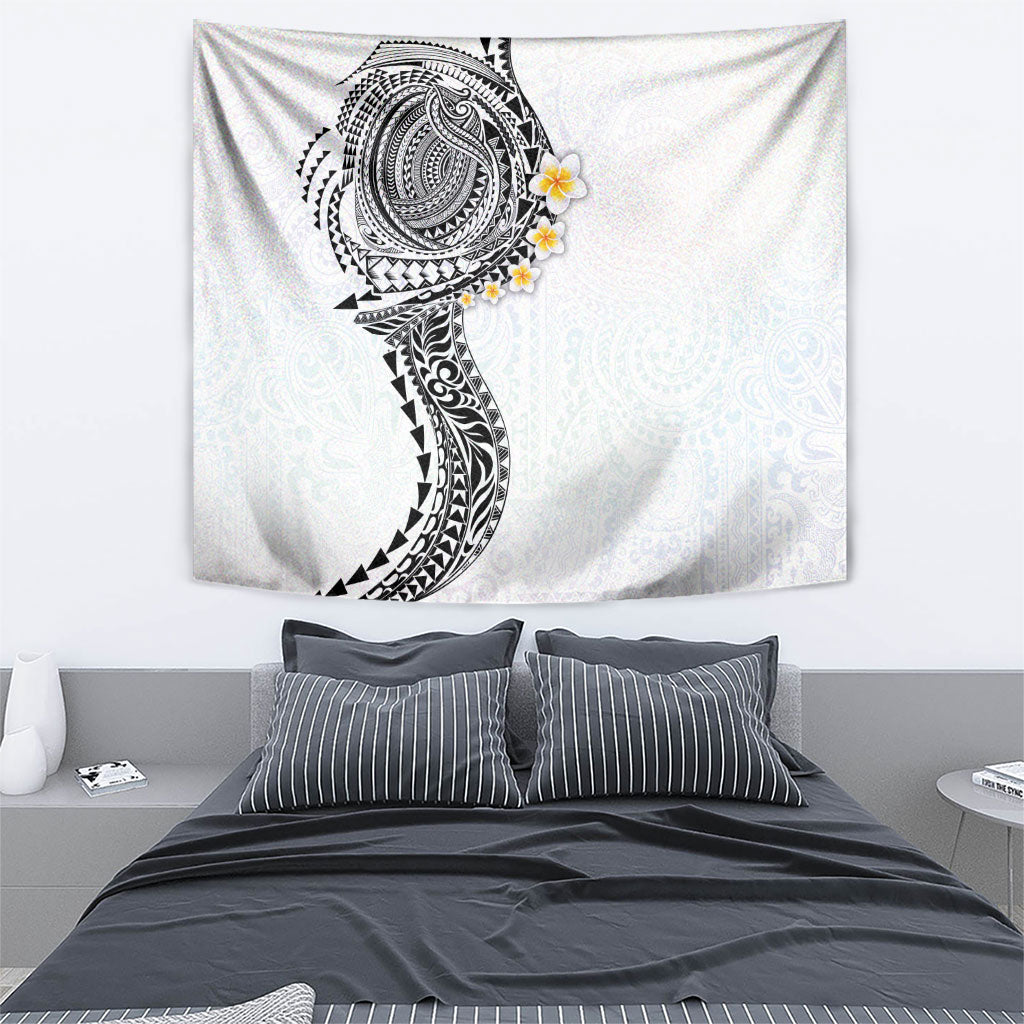 Hawaiian Tribal Tattoo and Plumeria Tapestry Polynesian Pattern White Color